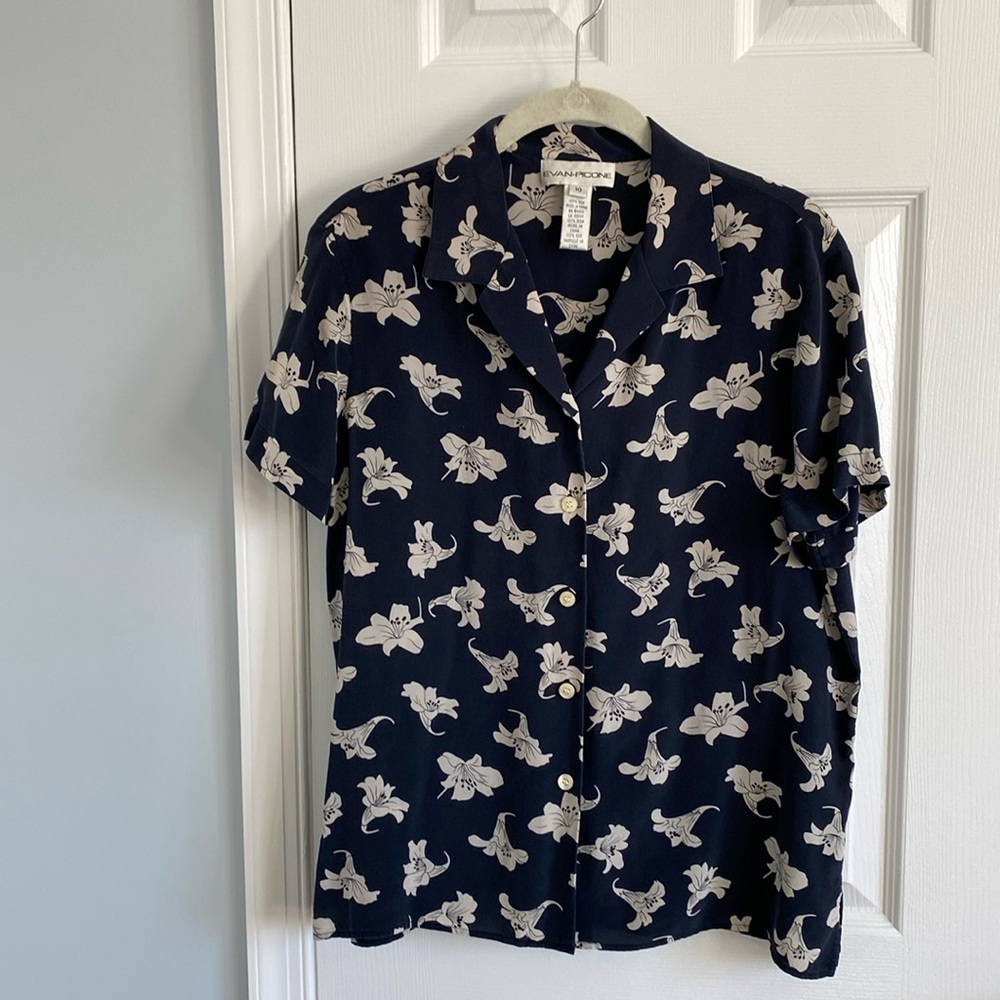 Evan Picone 100% Silk Short Sleeve Button Front Floral Top Shirt Size 10